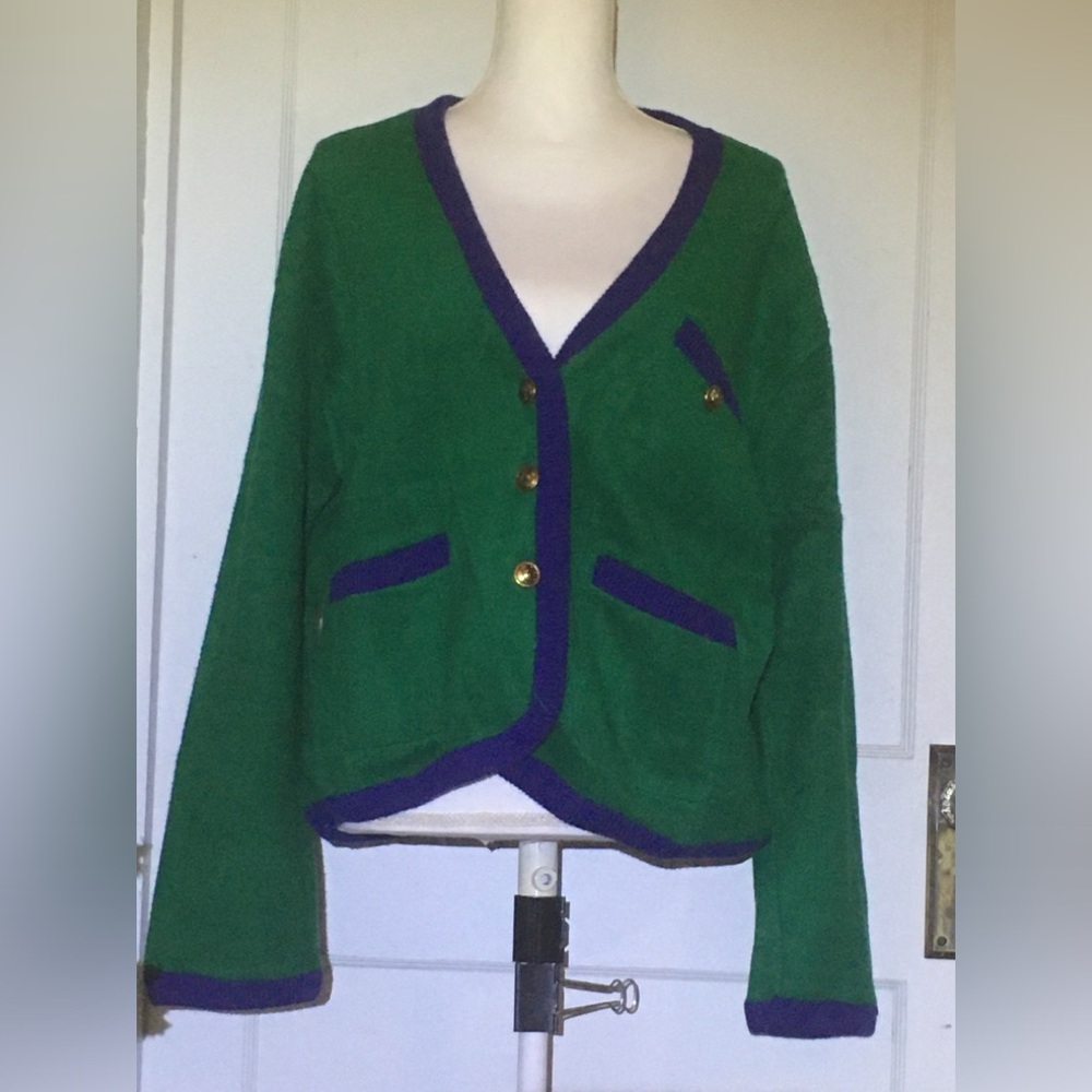 Adrienne Vittadini Sport Green Cardigan Jacket with Blue Trim and Gold Buttons
